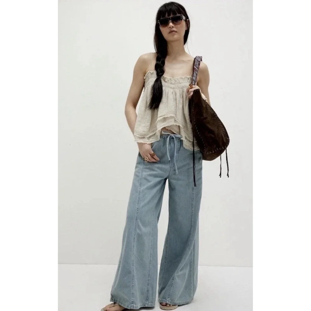 Free People Veritas Wide Leg Jeans Size Small Drawstring‎ Oversized $128
